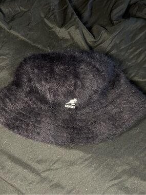 Kangol Black Faux Fur Bucket Hat with Union Jack Tag